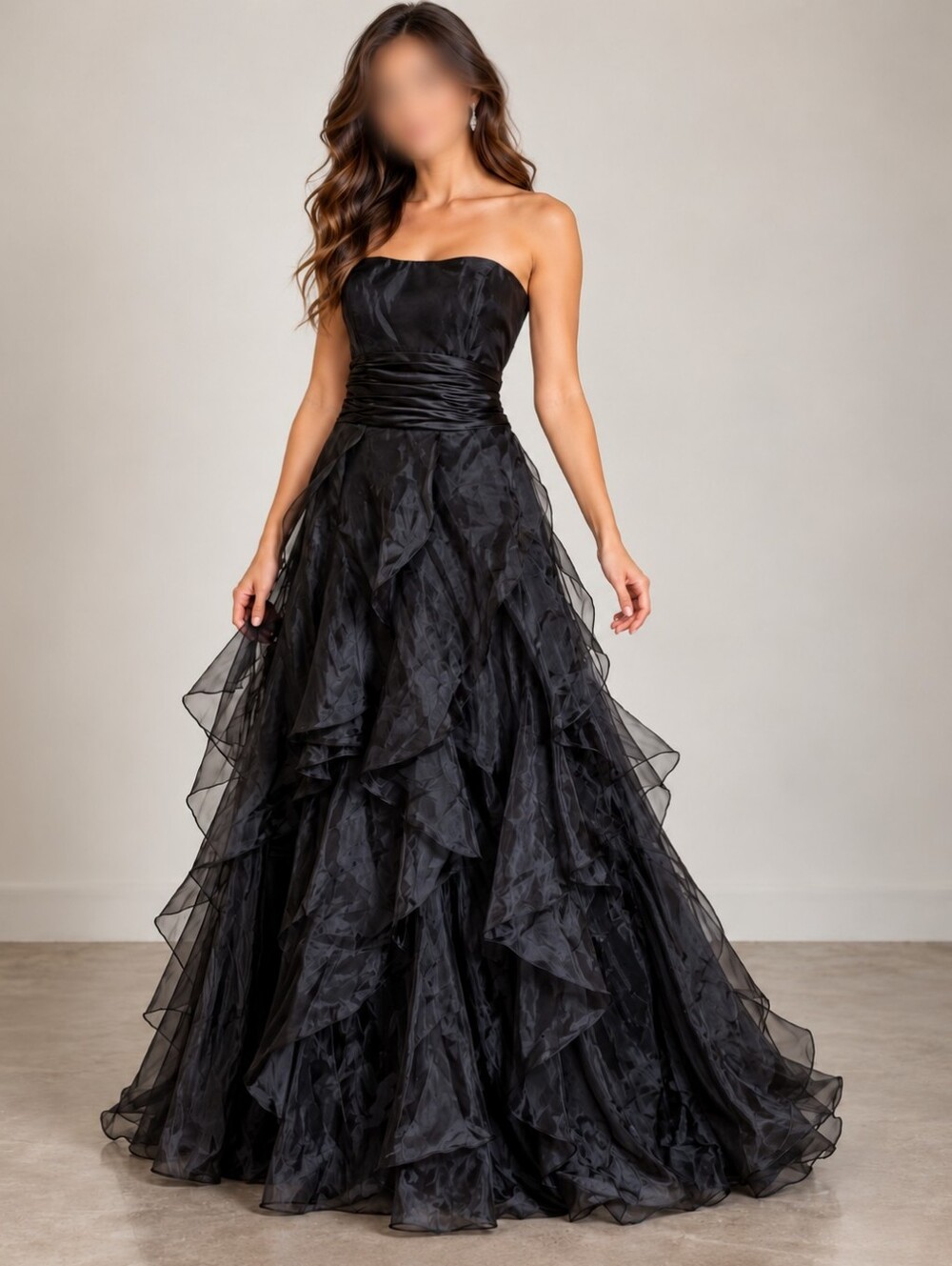 David's Bridal Black Strapless Tiered Ruffle Formal Maxi Gown Size 14